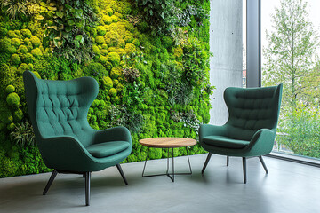 Fototapeta premium Organic fresh greenery living or office spaces, wall with decorative moss armchairs, sofa and table.