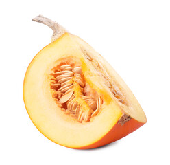 Piece of ripe pumpkin with seeds isolated on white