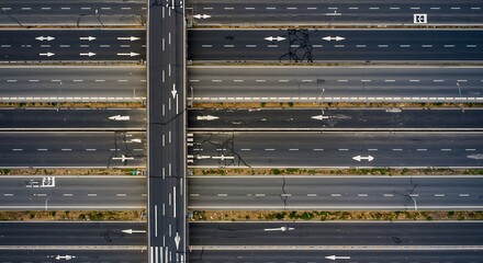 Aerial view of multiple lanes of a highway with directional arrows