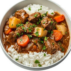 Close Up of Beef Stew With White Rice and Parsley Garnishing on transparent background.png