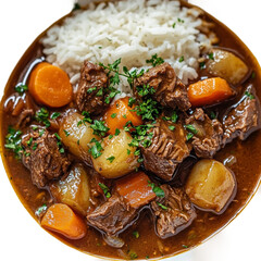 Close Up of Beef Stew With White Rice and Parsley Garnishing on transparent background.png
