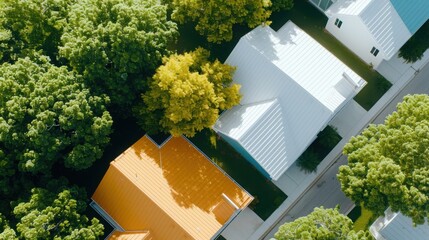 Top Down Aerial Shot Suburban Neighborhood Brightly Colored Roofs Neat Orderly Rows Structured Housing Community Planning