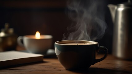 Artistic coffee moment under soft candle glow with subtle steam