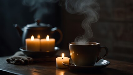 Moody candlelit coffee setup with steam gently rising from a mug