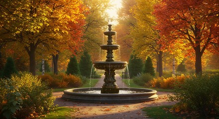 Autumnal fountain surrounded by trees in a park with warm sunlight
