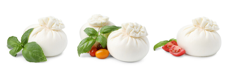 Delicious burrata cheese with tomatoes and basil isolated on white, set