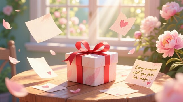 a gift box with a red ribbon sits on a table as love notes and petals float around, perfect for valentine's day or anniversaries.