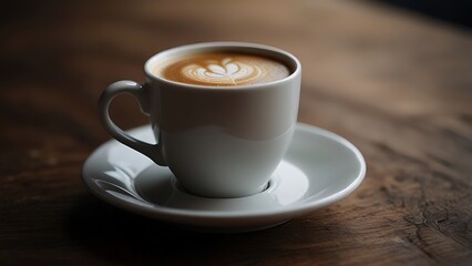 White porcelain cup filled with creamy coffee under soft moody light