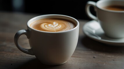 Fototapeta premium Artistic close-up of white cup with creamy coffee and atmospheric lighting