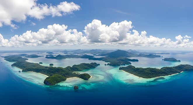 Aerial view of tropical islands surrounded by turquoise waters under sunny skies