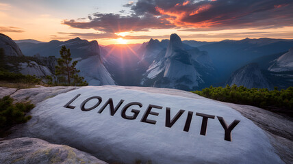 Longevity in granite rock written in front of a grandiose mountain landscape in the rising sun with sunbeams - symbol of long life gemerative AI