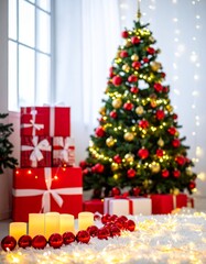 Beautiful Decorated Christmas Tree Video with Gift and Candle, Traditional Holiday Morning and Cozy Interior Decor, Xmas Celebrate