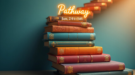 A stack of colorful antique books arranged like stairs leading upwards, symbolizing a pathway to knowledge and personal growth, with warm lighting and a teal background