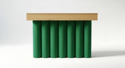 Minimalist Table with Green Cylindrical Legs and Light Wood Top on White Background.