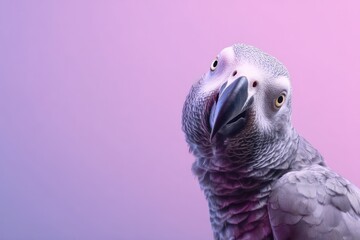 Obraz premium Parrot Tilting Head Dramatically on Pastel Purple Background