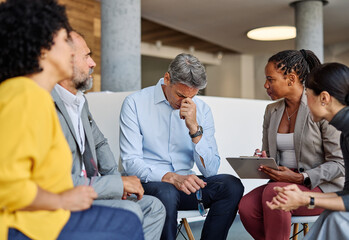Group psychotherapy. Persons sitting in circle and talking. People meeting. Psychotherapy training,...