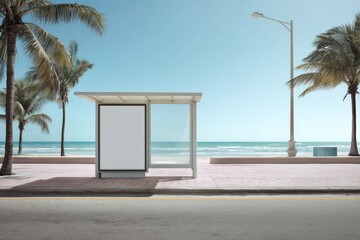 Bus Shelter Mockup on Beach Promenade Ocean Background
