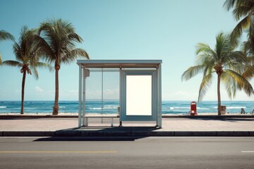 Bus Shelter Mockup on Beach Promenade Ocean Background