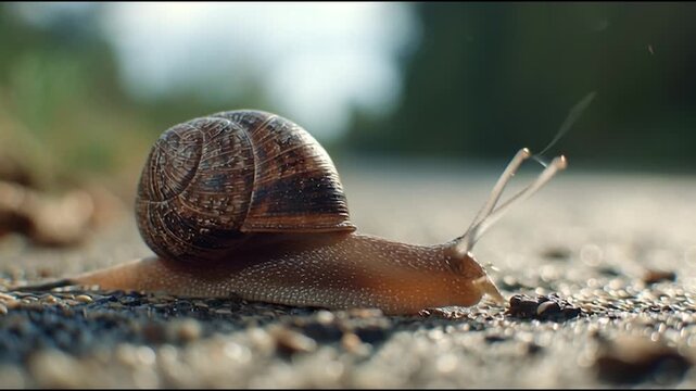 A close-up of a snail crawling on a textured surface, showcasing its intricate shell and soft body under natural light.