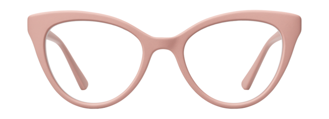 Matte cat-eye glasses with pastel pink frames and clear lenses.