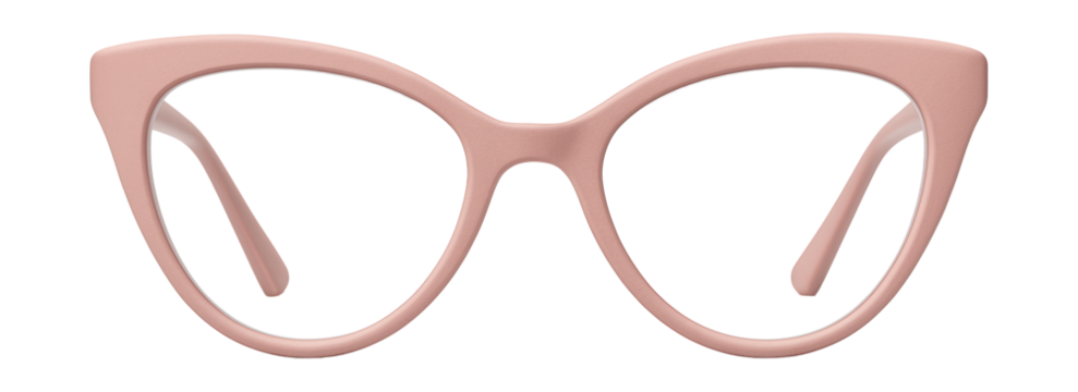 Matte cat-eye glasses with pastel pink frames and clear lenses.