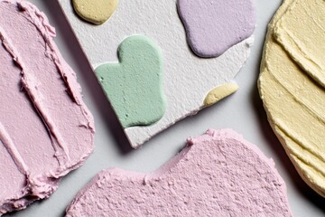 Textured pastel paint blobs on a light surface, close-up shot