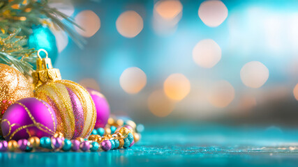 Festive christmas ornaments with gold and purple baubles on turquoise bokeh background
