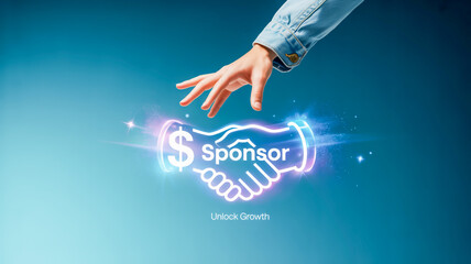 Hand reaching for glowing sponsor handshake icon with dollar sign