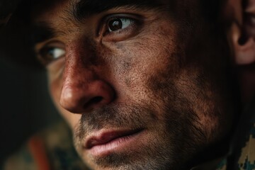 Fototapeta premium Thoughtful Male Marine in Camouflage with Copy Space