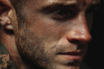 Obraz premium Thoughtful Male Marine in Camouflage with Copy Space