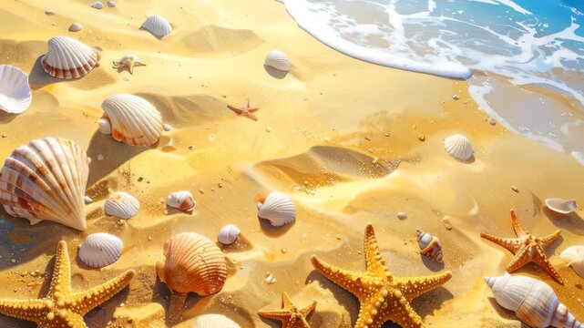 Waves gently lapping the shore with seashells and starfish glistening on the golden sand, perfect for vacation vibes and summertime bliss