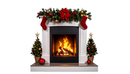 decorated Christmas fireplace with gifts and Christmas tree, isolated on transparent background.