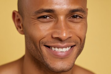 Obraz premium Confident Man with Tan Skin Smiling on Light Yellow Background