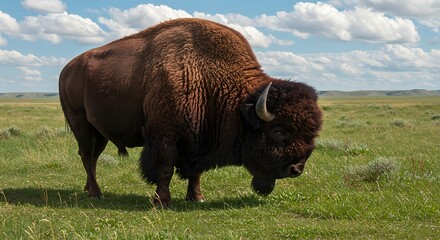 American bison grazing in a grassy field under a bright blue sky
