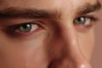 Fototapeta premium Stunning Male Model with Green Eyes on Soft Beige Background