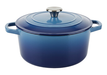 Isolated blue enameled cast iron dutch oven cookware with lid on a neutral surface