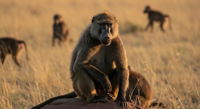 Baboons in natural habitat observing their surroundings under warm sunlight