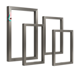 Slim rectangular frames with a brushed metal finish.