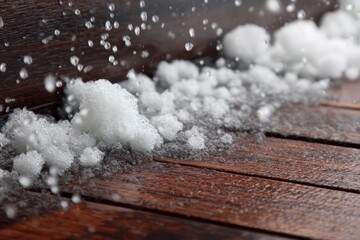 Close-up of Hail Accumulation on Wooden Deck Surface