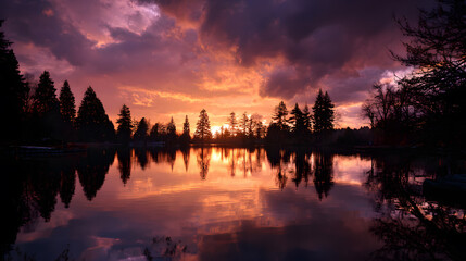 golden hour reflections over peaceful lake at sunset