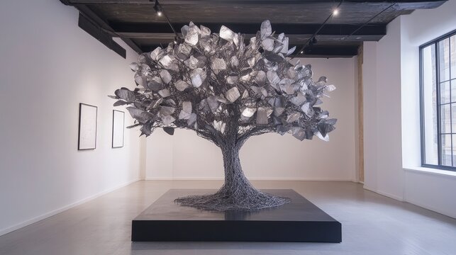 Recycled Metal Sculpture of a Tree Design Showcasing Artistic Craftsmanship and Environmental Awareness
