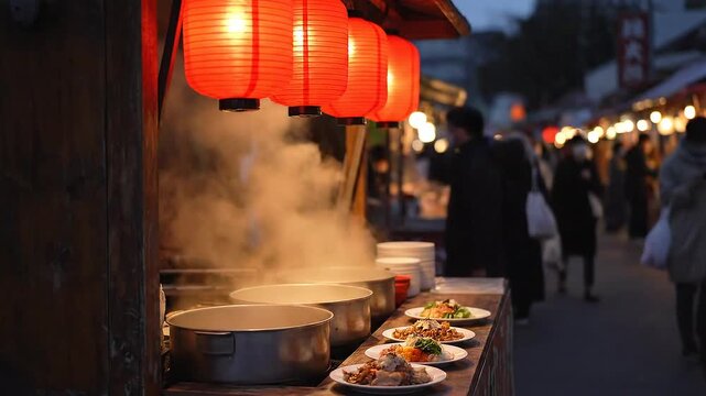 A vibrant Japanese street food stall at night with steaming pots and glowing red paper lanterns.