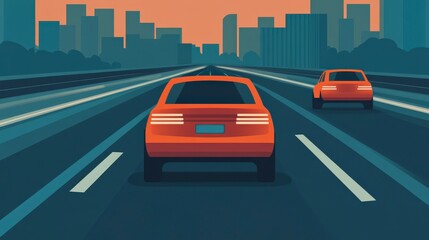 Fototapeta premium Nighttime Scene of Autonomous Vehicles Navigating Urban Roads with City Skyline in Background