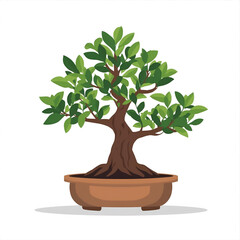 Miniature green bonsai tree in a simple brown pot, symbolizing nature and tranquility.