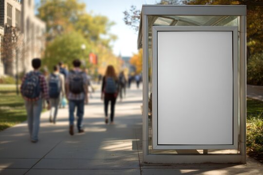 Bus Stop on College Campus with Blank Billboard