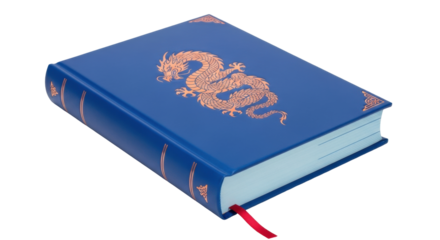 Isolated blue hardcover book with dragon design, elegant novel for sale, close-up shot