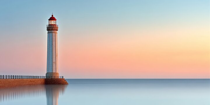 Scenic lighthouse standing by calm waters, casting light across peaceful coastal surroundings.