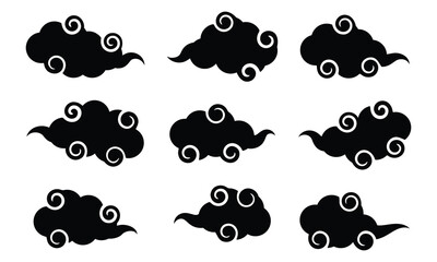 Chinese cloud icon set. Japanese cloud silhouette motif icons in minimal style. Tibetan, Korean style clouds for decorative elements. Vector illustration.