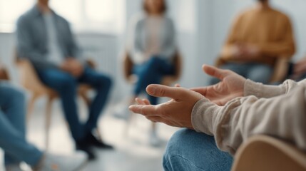 Group therapy session with participants discussing in circle indoors, close-up photo	