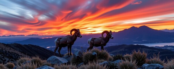 Majestic bighorn sheep graze on a rugged mountain peak, their curved horns silhouetted against a vibrant sunset sky, sunrise, cliffs